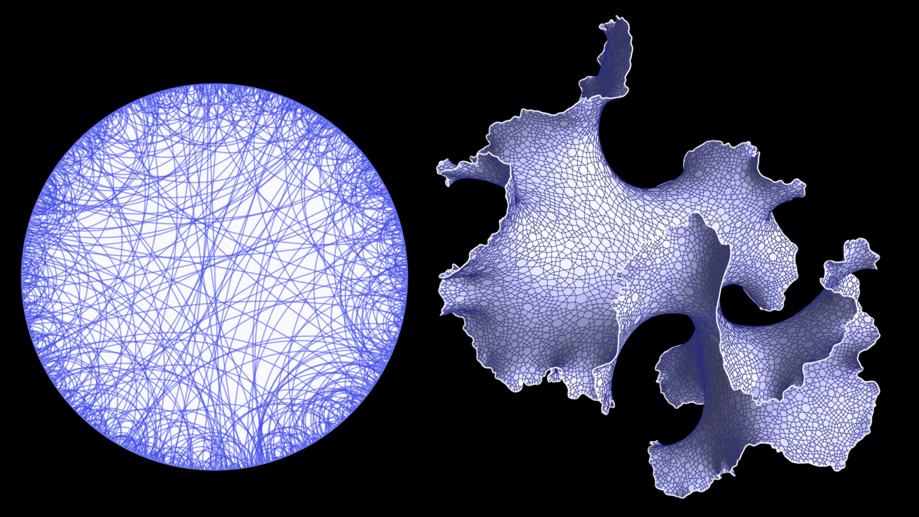 A chord diagram with n chords sampled with weight q per crossing with in this case n=2000 and q=0.95. The right image shows a planar map realization of the chord diagram with the same boundary metric.
