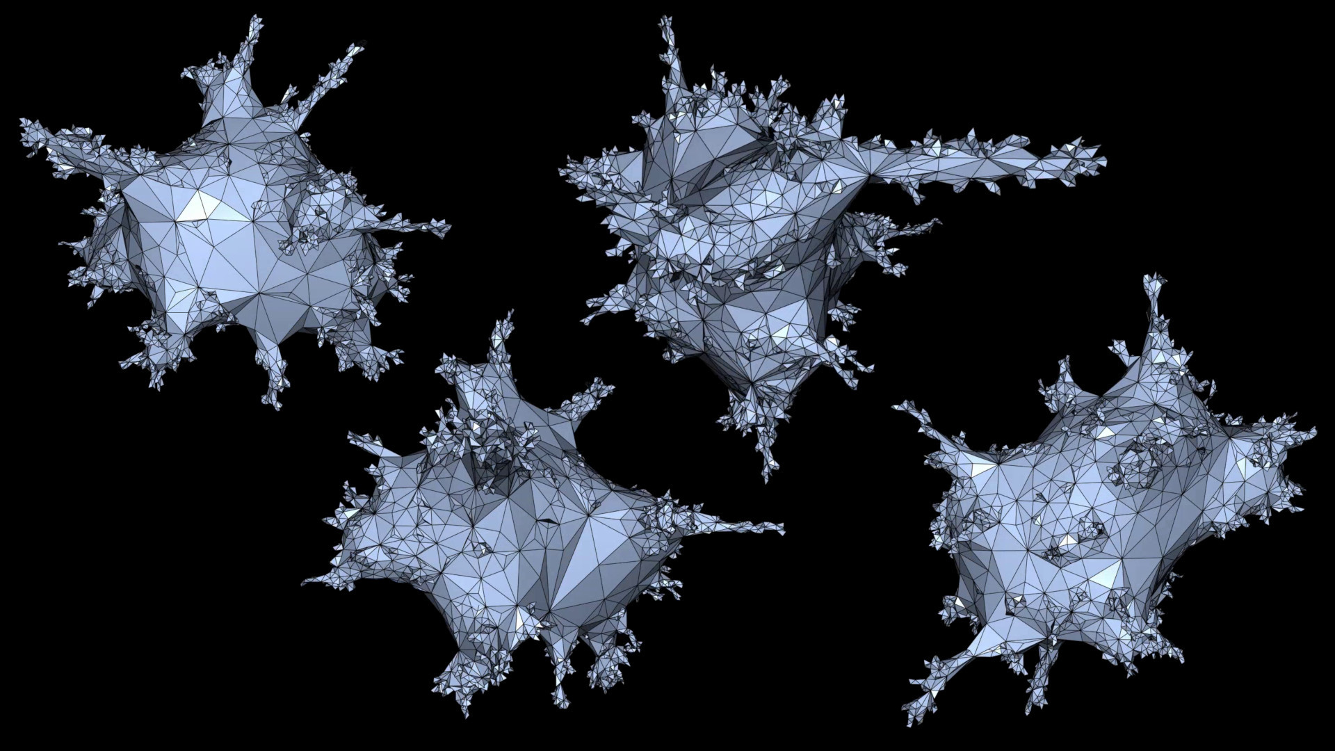 This figure shows 4 snapshots from the edge flip Markov chain on a simple triangulation of the sphere with 8000 triangles. See the video below for an animated version.