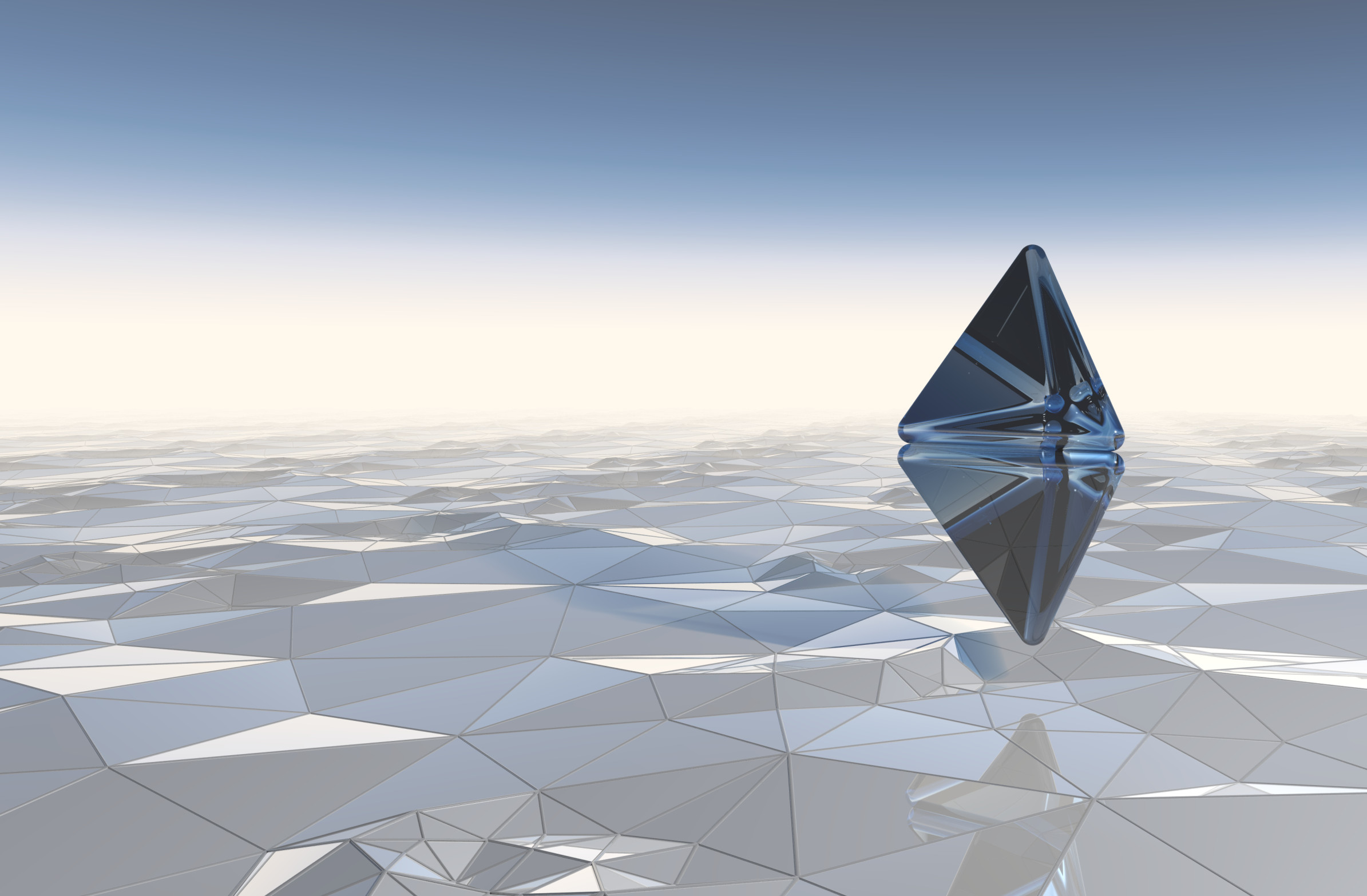Cover image of the PhD thesis of Timothy Budd. It shows two stacked tetrahedra floating over a landscape produced by a Poisson-Delaunay triangulation of the plane with random vertical displacements.