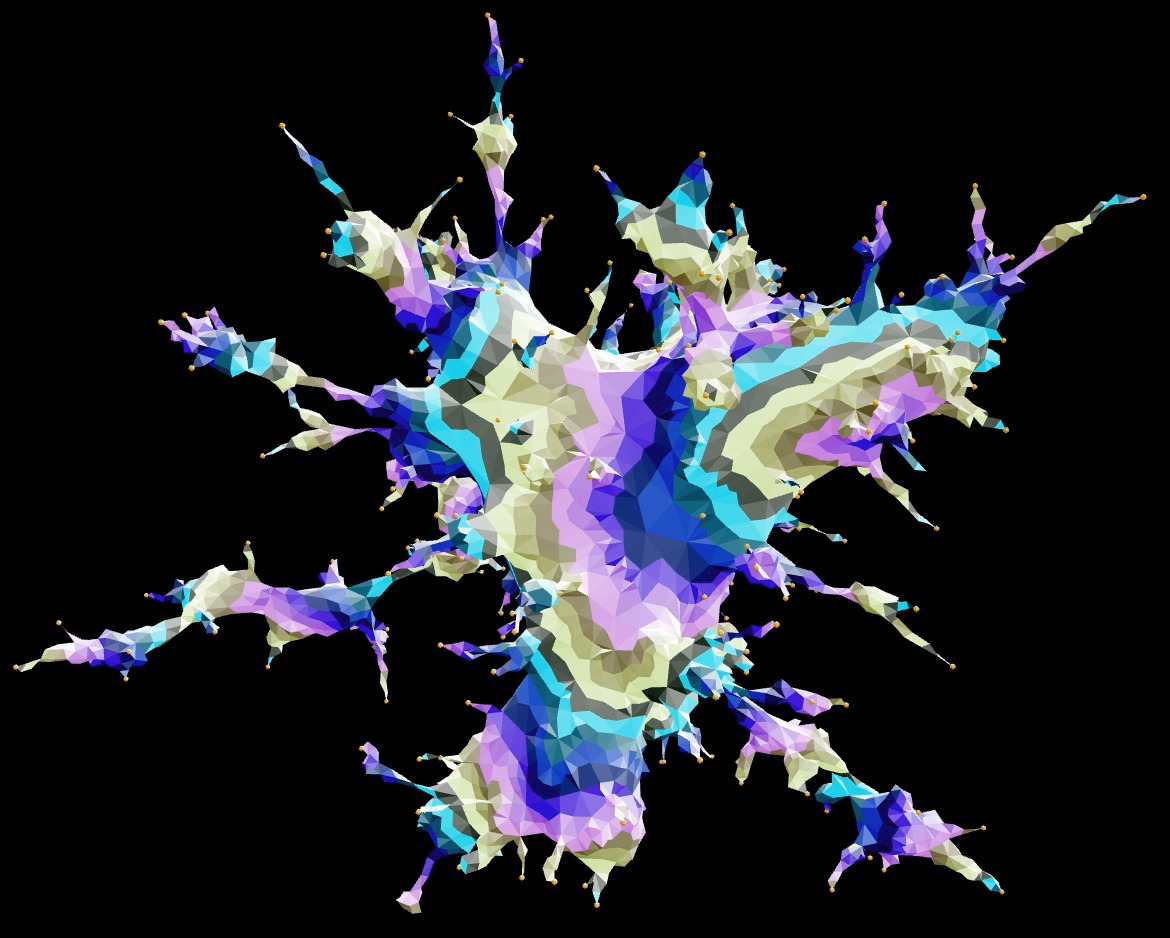 This simulation show a generalized CDT geometry with a large number of topology changes. The colors indicate equal-time bands.